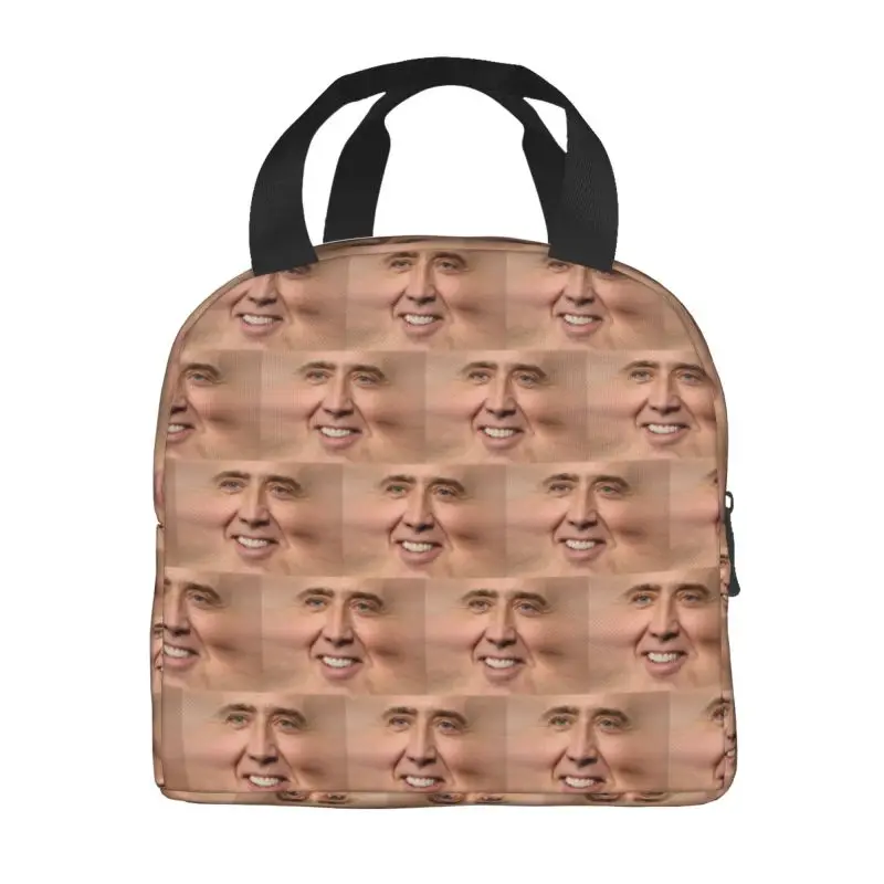 Nicolas Cage Insulated Lunch Tote Bag for Women Funny Meme Portable Thermal Cooler Food Lunch Box Outdoor Camping Travel