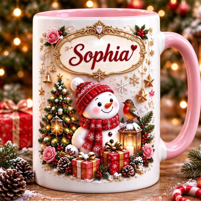 2D flat printing 1pc 11oz personalized custom name snowman christmas mug, christmas home gift for bestie, hand wash only