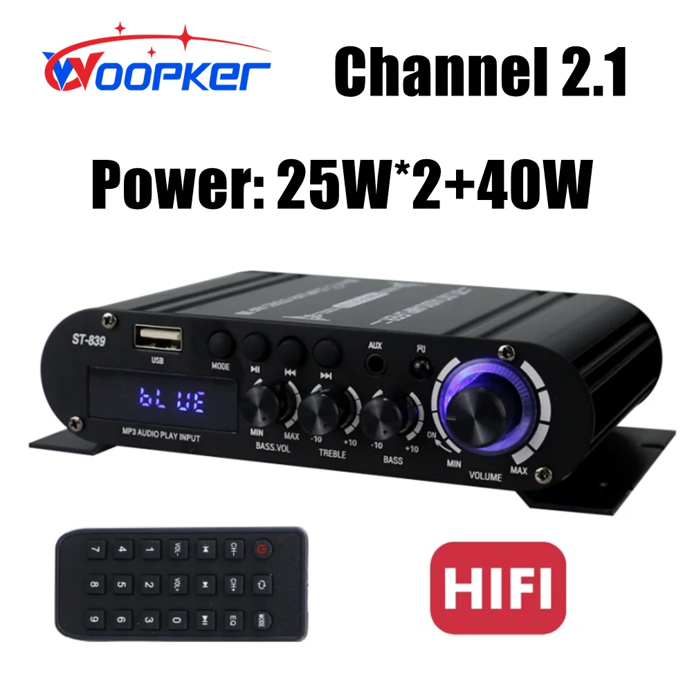 

Woopker ST-839 HiFi 2,1-канальный усилитель мощности 25 Вт * 2 + 40 Вт усилитель сабвуфера звуковой усилитель регулировки басов и высоких частот бытовой усилитель