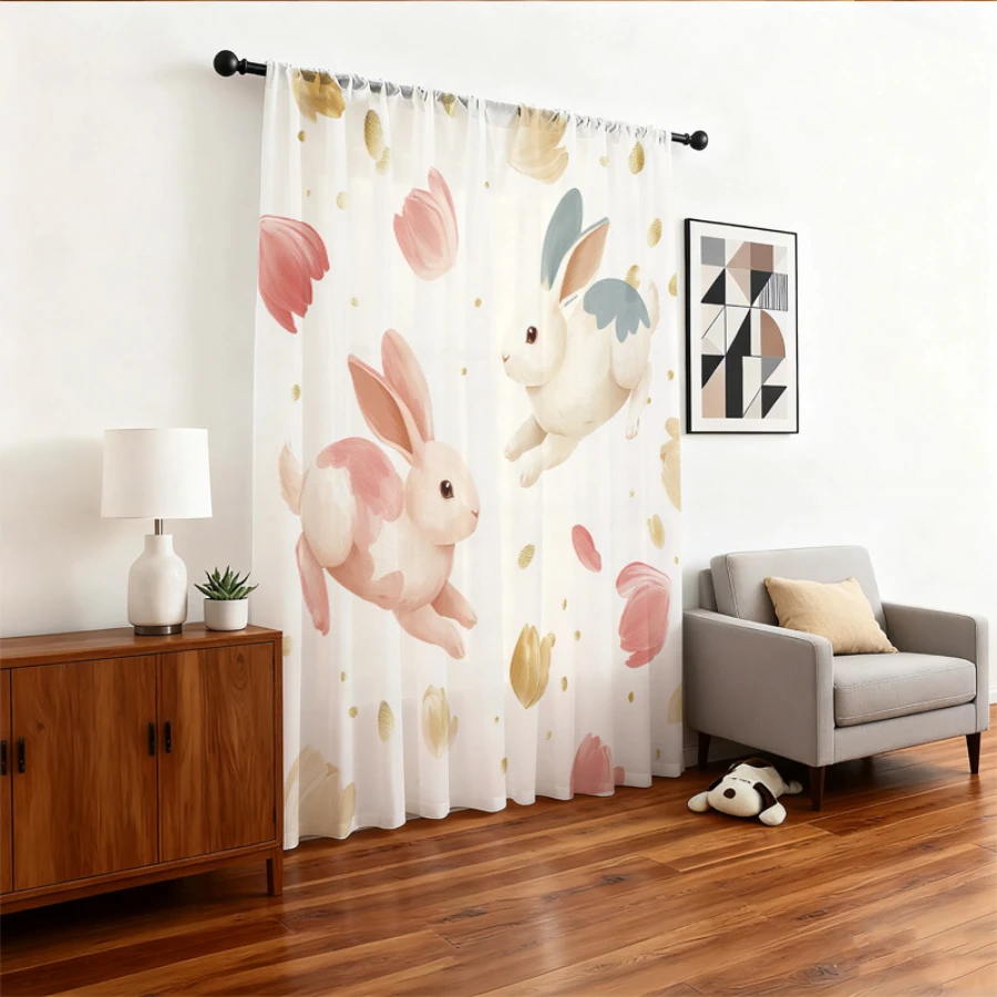 2PCS Digital Print Sheer Curtains, Lovely Pink Blue Bunny Rabbit, Cute Easter Pastel Style for Bedroom Living Room Home Decor