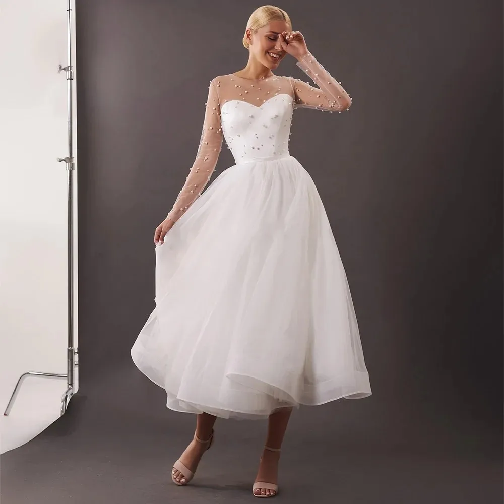 

New Wedding Dress 2026 Pearls O Neck Illusion Tea Length Short Bridal Gowns Tulle A Line Simple Midi vestidos de novia