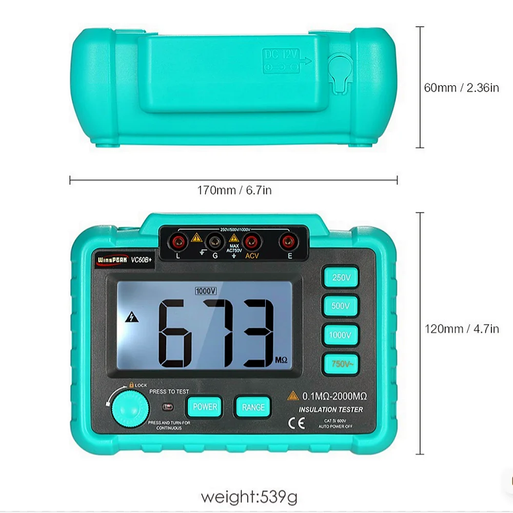 VC60B+ Digital Insulation Tester 0.1MΩ~2000MΩ MegOhm Meter 250V/500V1000V High Voltage Short Circuit Input Alarm Megohmmeter