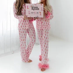 hirigin Mommy and Me Christmas Pajamas Pink Christmas Feather Pajama Set Matching Xmas Pjs for Mother Daughter