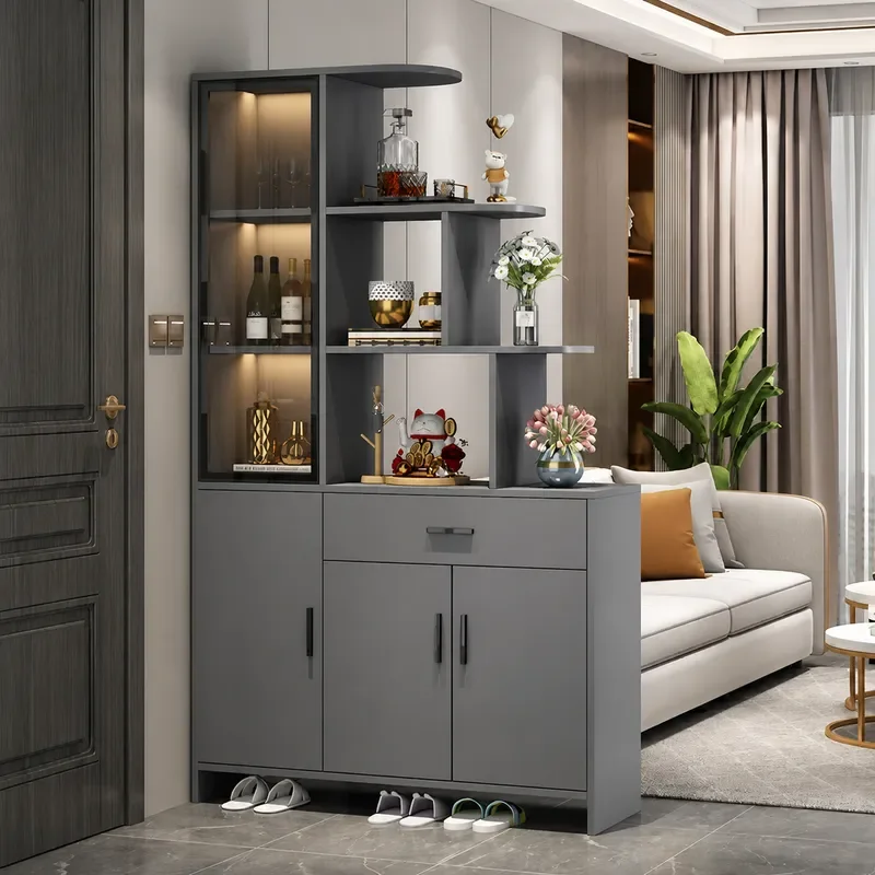 Solid Wood Entrance Shoe Cabinet Integrated Door Decorative Foyer Cabinet Living Room Partition Cream Style Wine Storage Unit