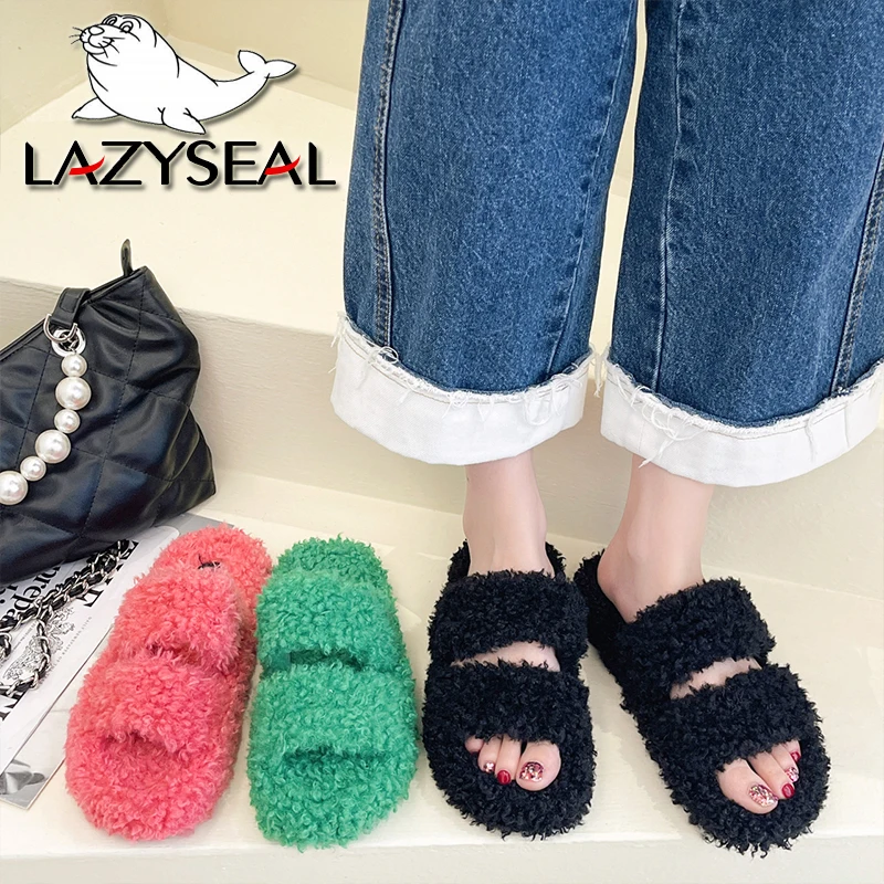 LazySeal 3cm Heel Colorful Faux Fur Fashion Mules Soft Women Indoor Slippers Home Furry Slides Flip Flops Size 42 zapatos mujer