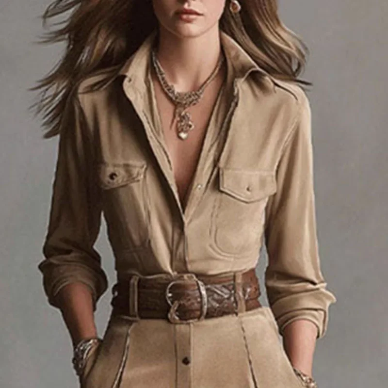 Greenora French Retro Solid Suede A-Line Party Dress Woman Lapel Single Breasted Shirt Dress Fall Long Sleeve Pocket Slit Elegan