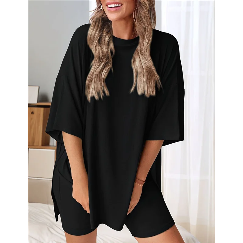 

A83F-Women's Two Piece Lounge Set 2025 Summer Casual Oversized Shirts Biker Shorts