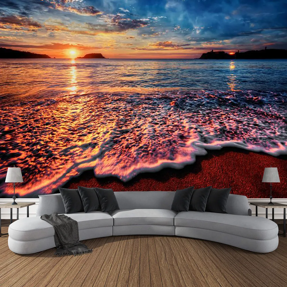 Summer Landscape Beach Sunset Sea Wave Tapestry Wall Hanging Printed Large Tapestry Aesthetic Dorm Interior Room Bedroom Decor