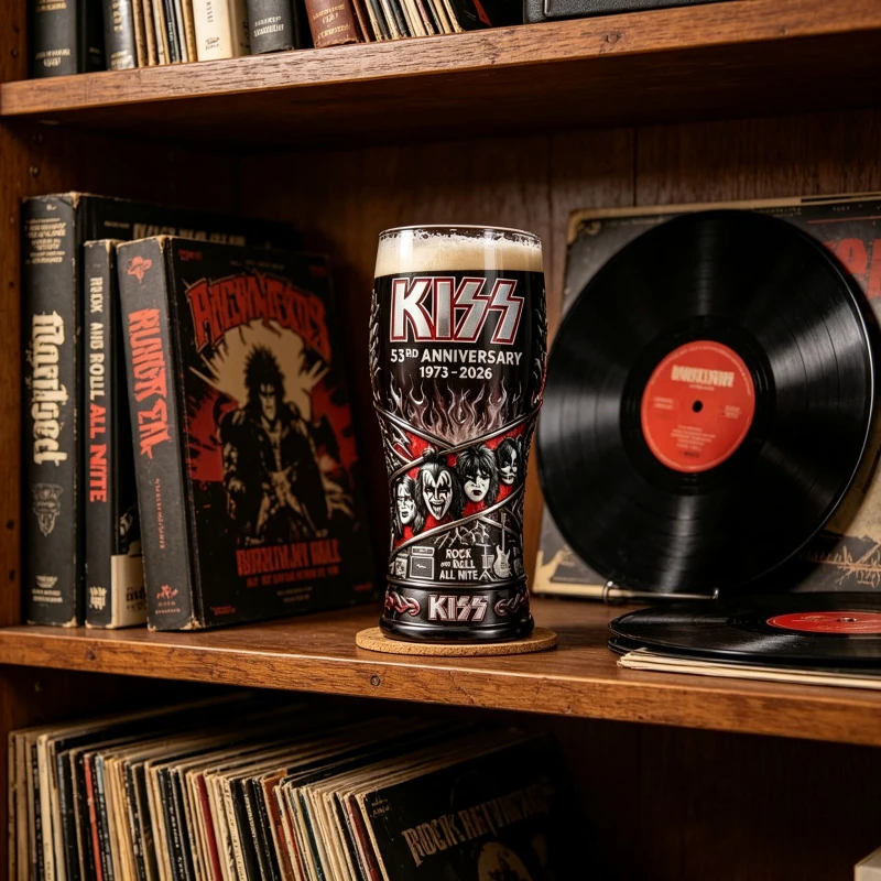 KISS Band 53rd Anniversary 1973-2026 3D Embossed KISS Rock Band Logo Glass Tumbler Vintage Style Cup for Music Lovers