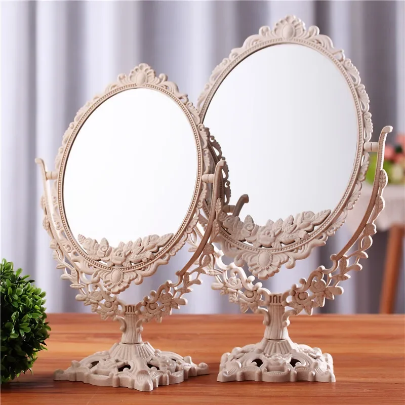 

Large European Retro Desktop Makeup Mirror with Rotating Double-sided Desktop Plastic Glass Dressing Mirror