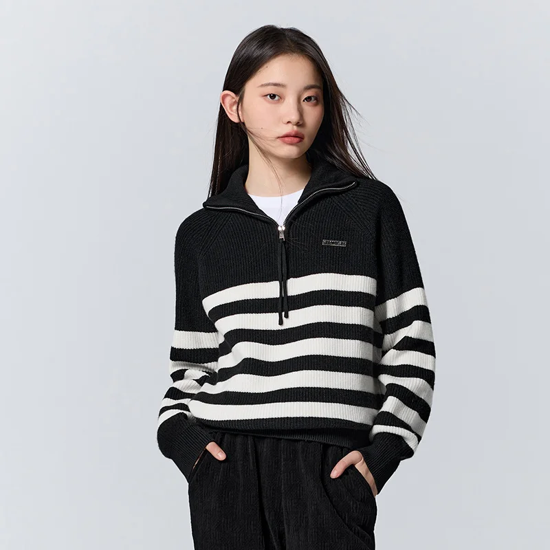 Semir Sweater Women Striped Raglan Sleeves Loose Temperament Commuting Winter Casual Style Bottoming Shirt