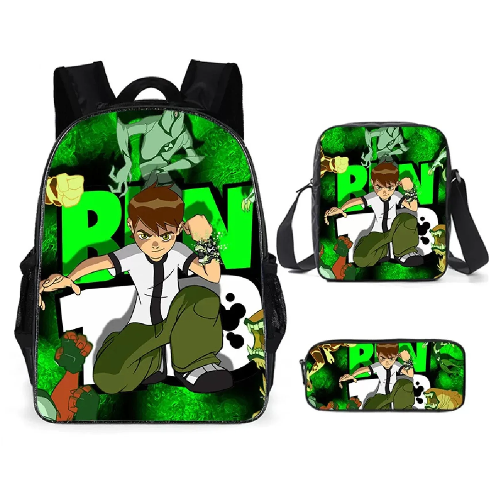 Lightweight Ben 10 Backpack with Single Shoulder Bag+Pencil Case 3Pcs Set,Back to School Student 3 in 1 Book Bag Set
