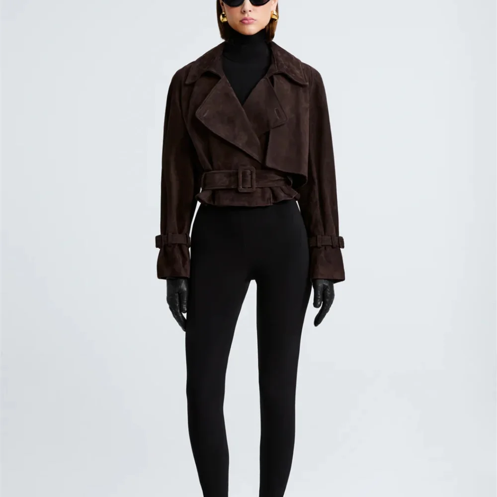 

traf 2025 women's winter suede motorcycle style jacket with belt casual women's outerwear y2k New high-quality party coat bra