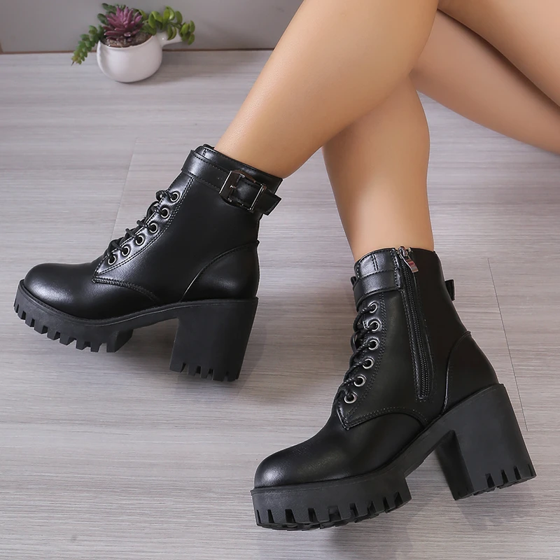 New Winter Lace-up Solid Color Warm Casual Non-slip High Heels Round Toe Fashion Side Zipper Square Heel Women's Boots image 2