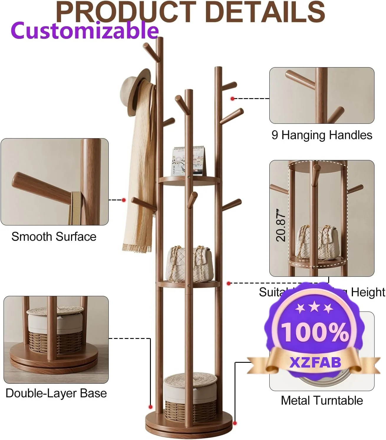 Factory Direct 2026 Self-supporting solid wood clothesline 3 shelves 9 hooks Nut clothesline for coats Scarf Bors