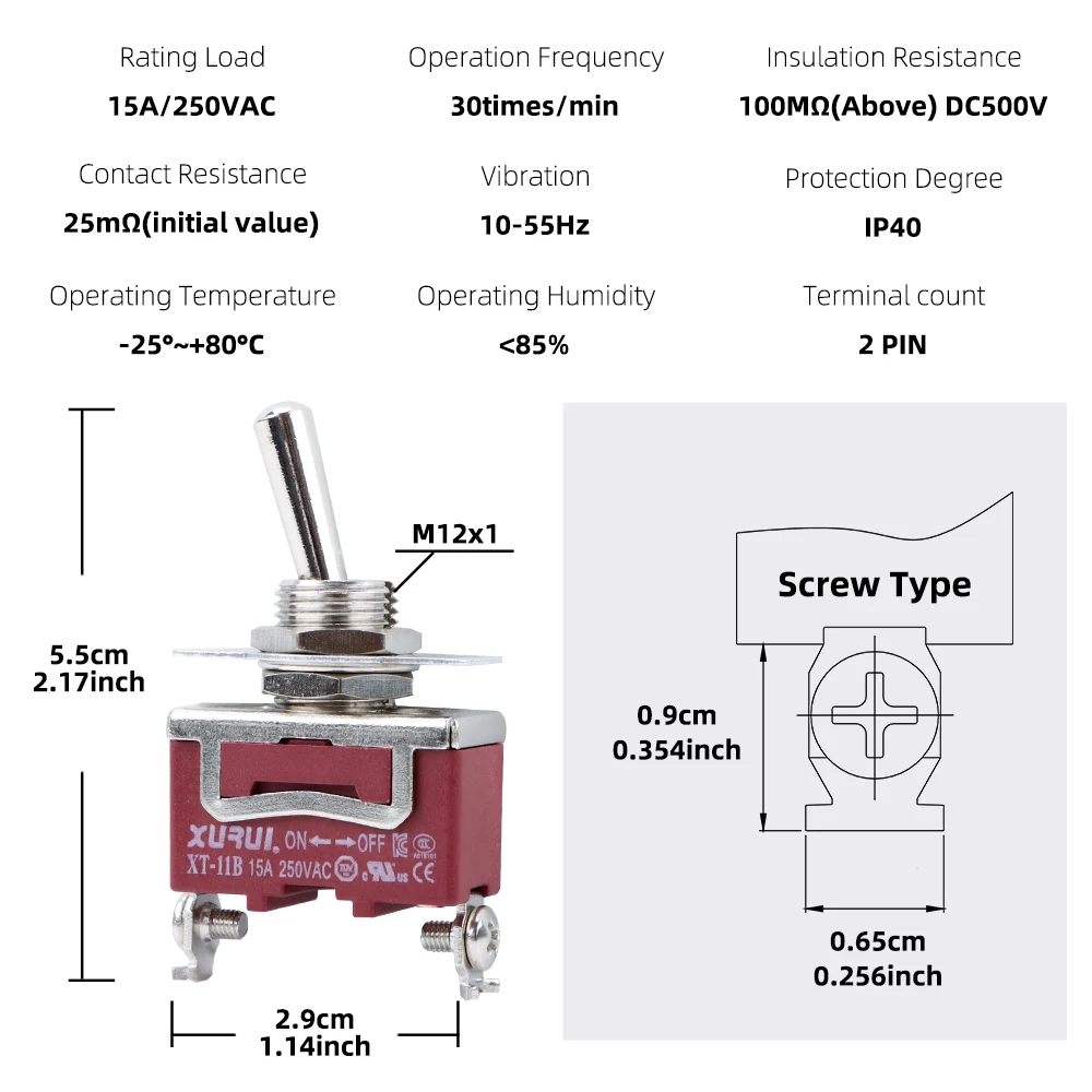 6 قطع، مفتاح تبديل XURUI، XT-11B مع مبيت PA66 غير قابل للكسر، حديد غير قابل للصدأ، 15A/250VAC، كوب مقاوم للماء مجاني، اتصالات فضية