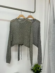 Women's Hollow Sequins Linen Sweater, Long Sleeve Tops, Thin Pullover, High Quality, Spring, Summer