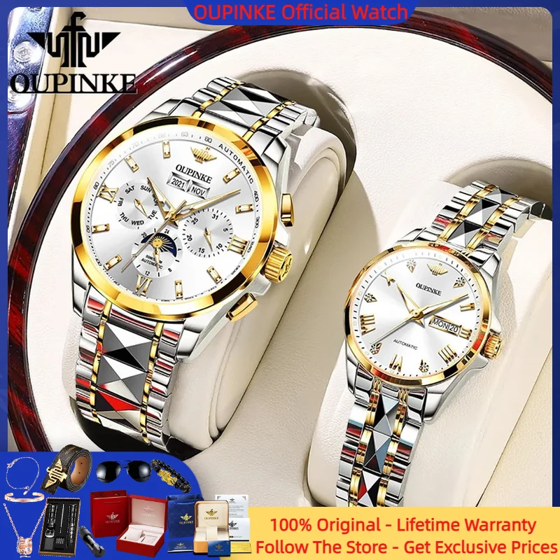 

OUPIKE Couple Watch Luxury Men Women All Automatic Mechanical Watch Sapphire Mirror Roman Scale Moonphase Watch Gift Preferred