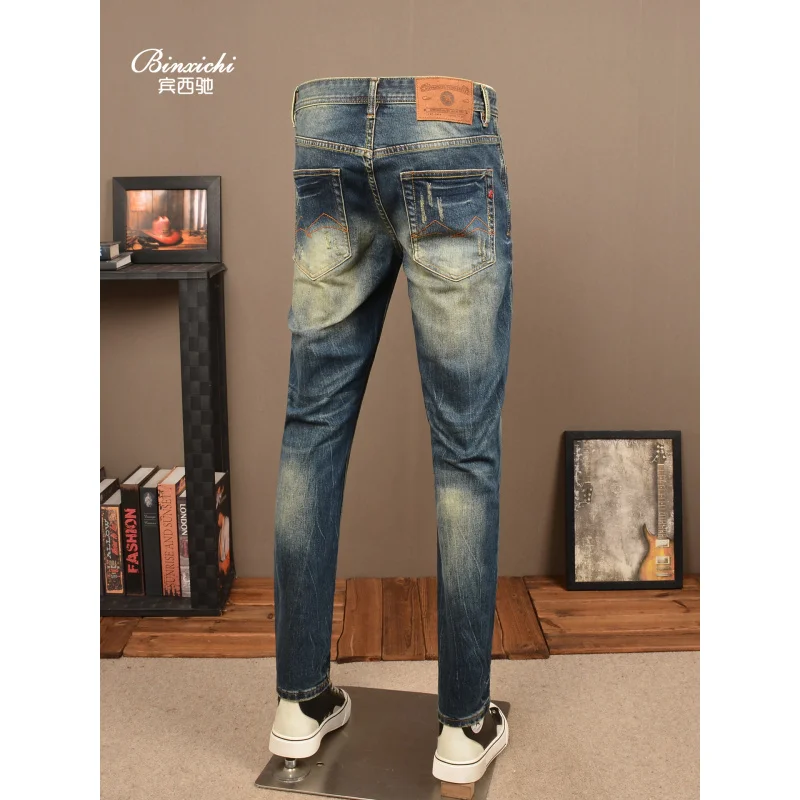 

Синие джинсы в стиле ретро, мужские осенние классические модные трендовые элитные маленькие прямые эластичные потертые брюки