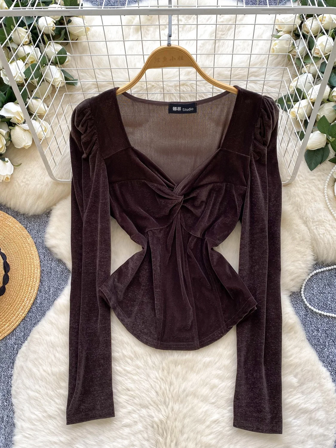 Ele Velvet irt Donna Lungo Sve V-Ne Nodo Dimagrante Strato base versatile Top francese Sle Fibra di poliestere Regular S...