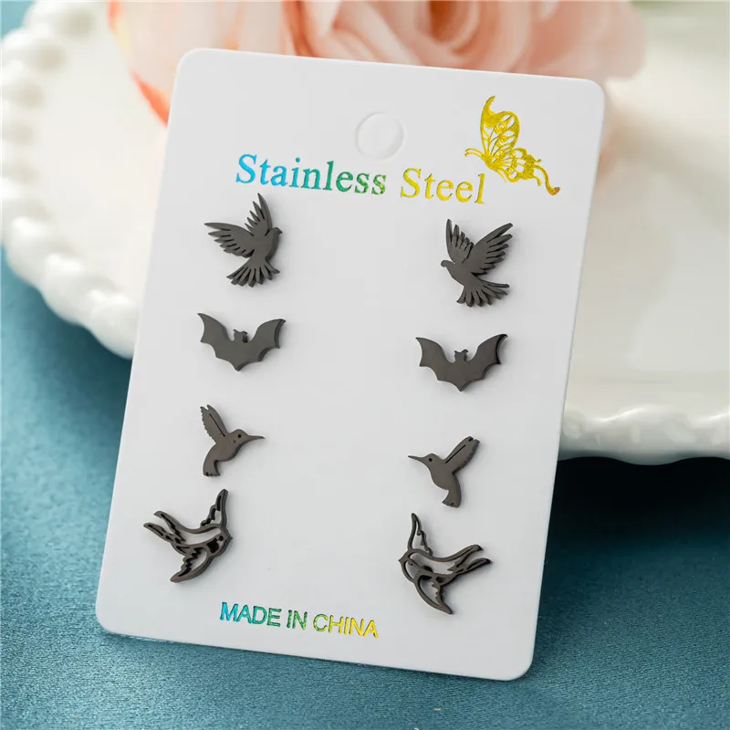 4 Paare/los Mode Klassische Tier Stud Ohrringe für Frauen Vintage Kleine Vögel Ohrringe Täglichen Schmuck Fledermaus Kolibri Pendientes