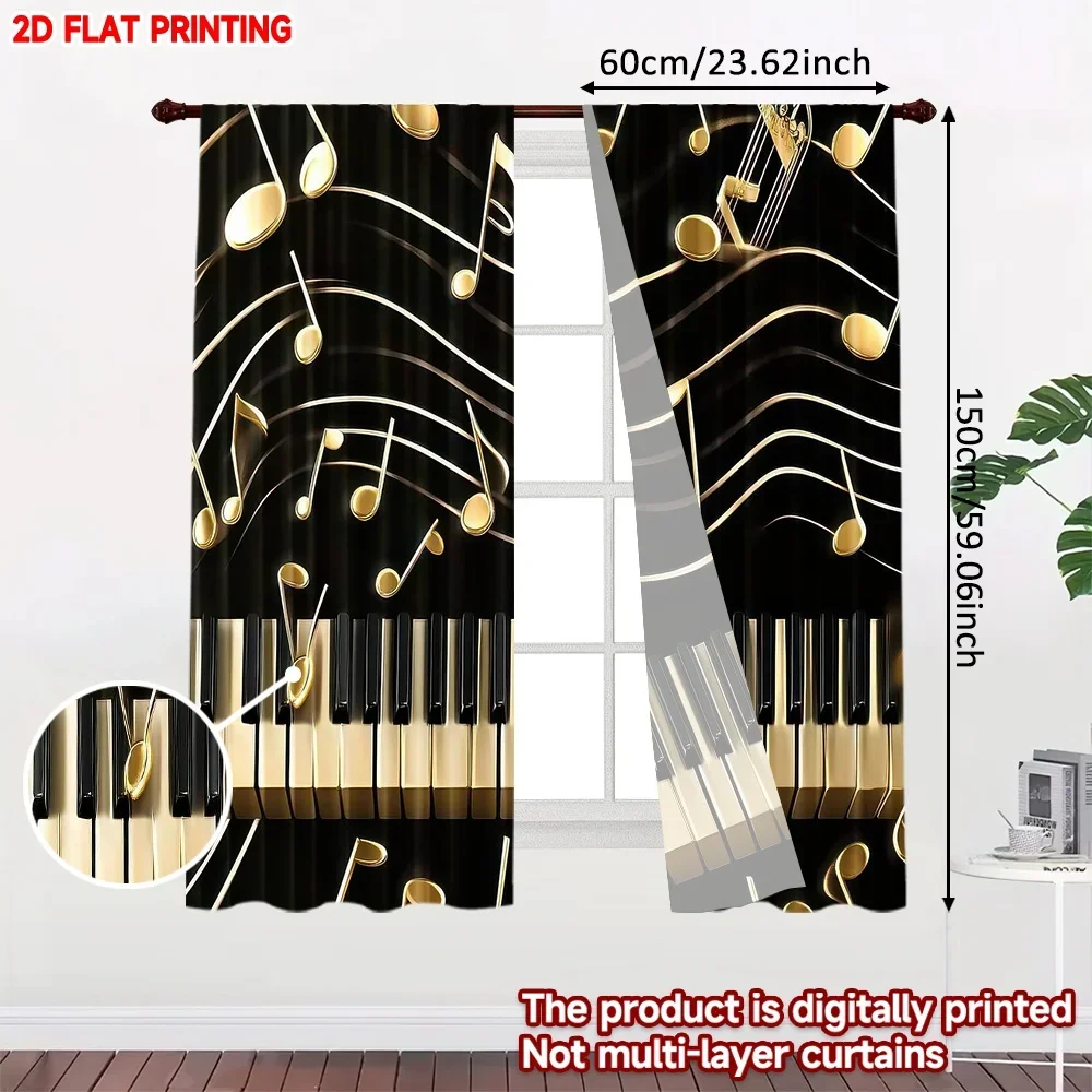 2pcs Music Notes Piano Key Curtains  Black Background with Golden Notes & White Black Keys for Music Room Decor