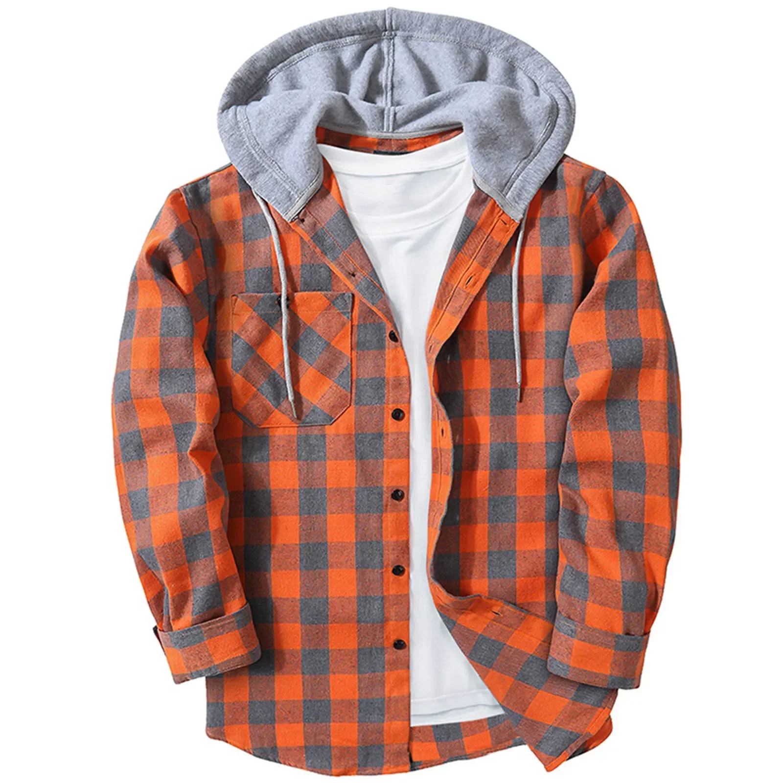 Spring Autumn Men\'s Hooded Shirts Classic Plaid Casual Button Down Hoodies Long Sleeve Double Pockets Shirts Flannel Jacket Tops