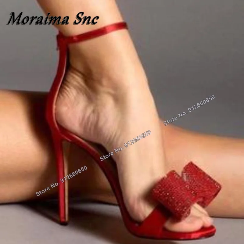 

Moraima Snc Crystal Bow Knot Sandals Red Pink Women Ankle Buckle Thin High Heels Shoes Women Stilettos Heels Open Toe Sandals