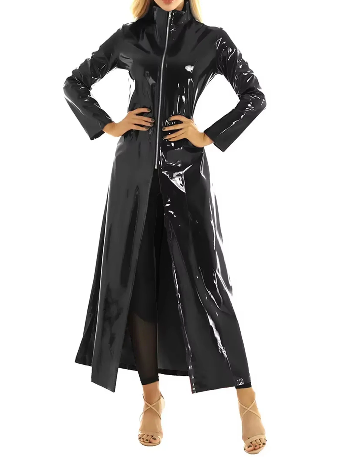 Damen Sexy Glänzender Wet-Look PU-Leder Langer Trenchcoat mit Hohem Kragen und Reißverschluss Vorne Clubwear Party Streetwear Kunstleder-Mantel Neu – Detail 4