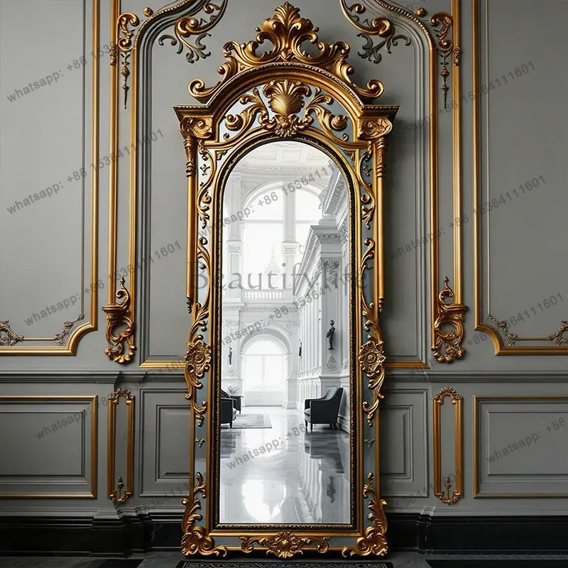 LS Palace-style carved floral floor-standing mirror, vintage full-body villa bedroom high-end dressing fitting mirror