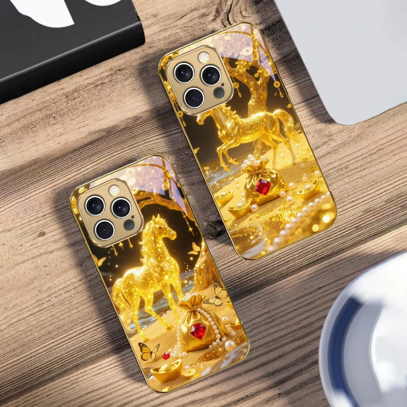 The Golden Fighting Horse For IPhone 16 17Pro Max 15 P ro 14 13 Plus 12 Mini 11Pro Max XR 16E 17 Air Golden glass phone case - Image 6