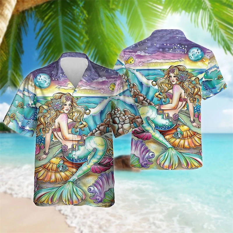 Kawaii Mermaidn 3D Printed Shirts For Men Clothes Hawaiian Sea Maiden Beach Shirt Casual Female Lapel Blouse Fish Girls Blouses