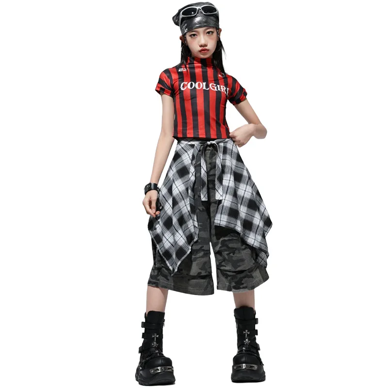 Kind Hip Hop Kleidung Set Rot Schwarz Streifen T-shirt Tops Camouflage Shorts Kind Street Dance Kostüm Mädchen Jazz Modern Dance Anzug
