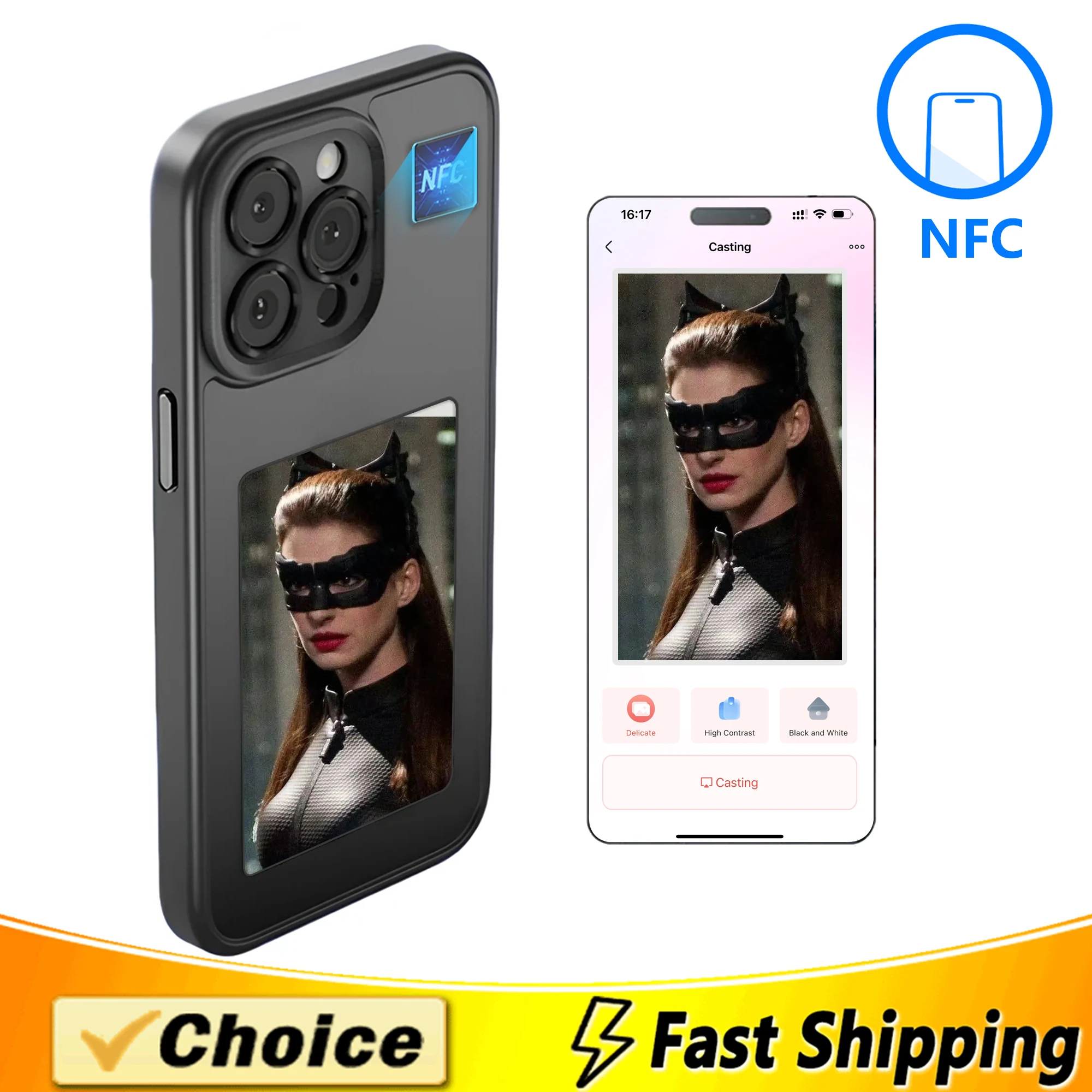 

NFC Phone Case For iPhone 13 14 15 Pro Max Smart E-ink Screen Phone Case Refresh Photo Masked Anime Catwoman Phone Cover