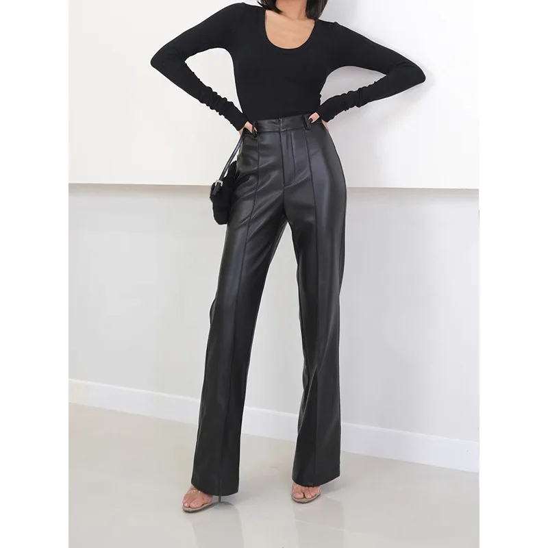 Leather Pants for Women Autumn Winter Natural Sheepskin Straight Suit Pants Vertical Strips Slim Long Legs Casual Pantalon Femme