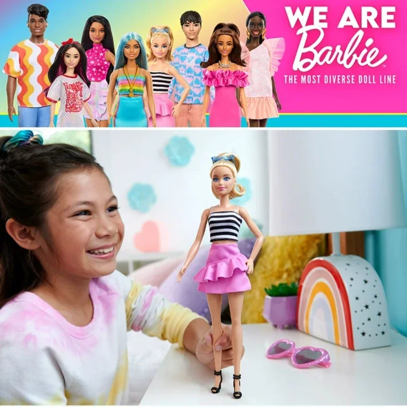 Muñeca Barbie Original para niños, Juguetes de moda para niñas, 65 ° aniversario, muñecas de pelo rubio, vestido a rayas, accesorios, regalo