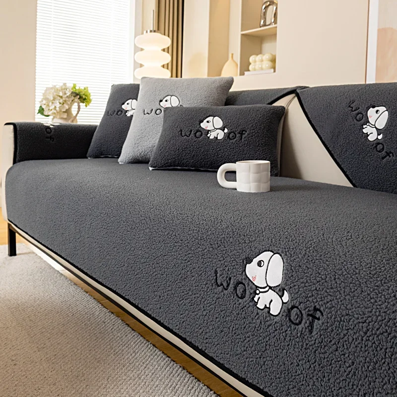 Winter Lamb Velvet Sofa Cushion Nonslip Embroidered Cartoon Sofa Cover Thickening Skin Friendly Couch Cover Solid Color Sofa Mat
