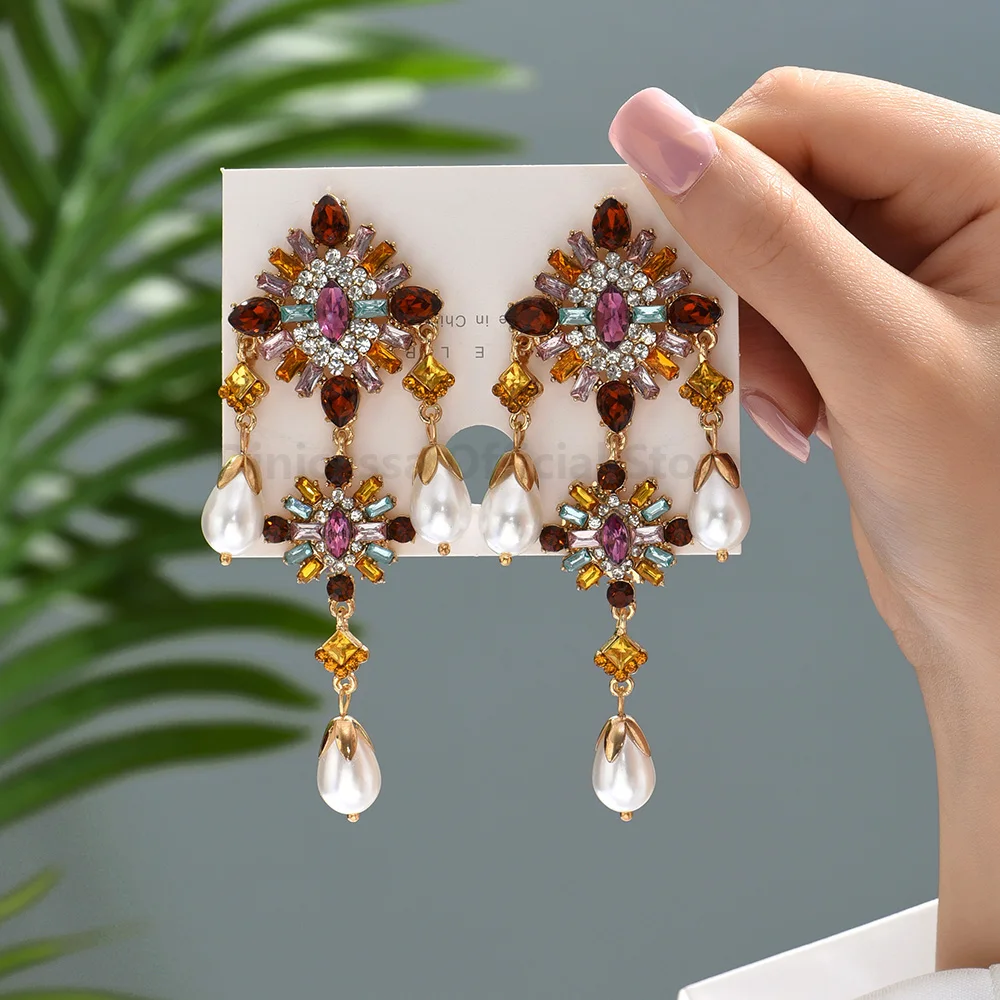 Bohemian Luxury Imitation Pearl Decor Vintage Drop Earrings For Women Fashion Elegant Ethnic Statement Jewelry Ear Accessories