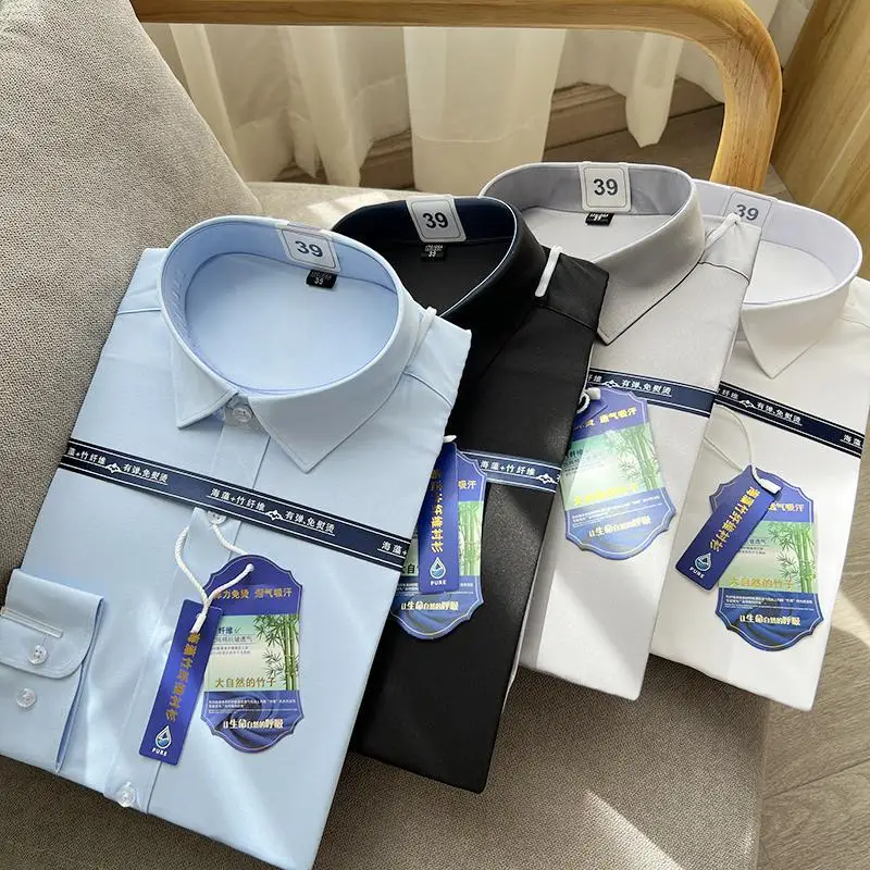 

Anti-Season Bamboo Fiber Men's irt Wrinkle-Resistant Pr-Free Luxury Pure Color Busin irt Stand Fit Daily Wear