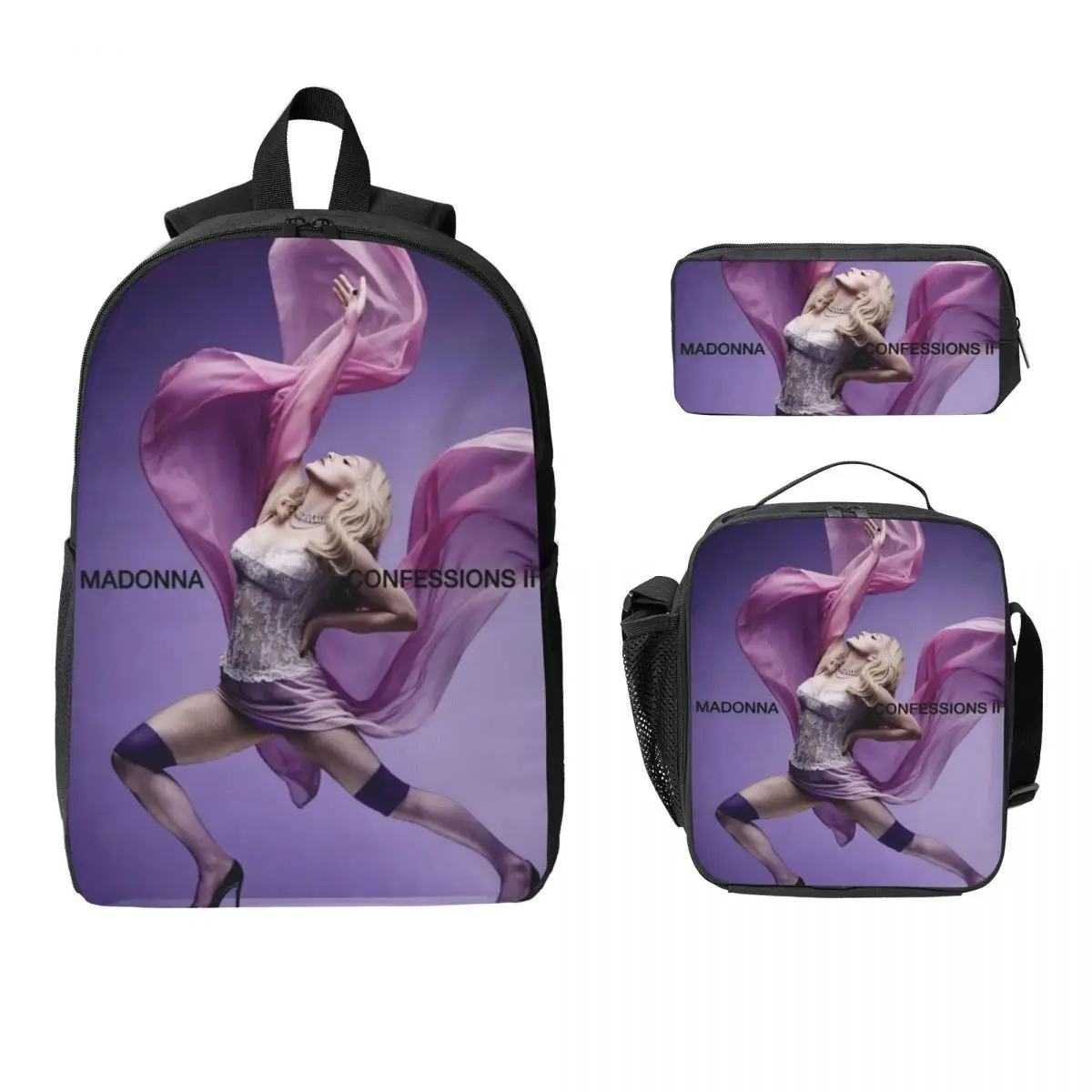 3Pcs Madonnas Confessions II 2026 Backpack Set for Kids Pen Bags Bookbag Sets with Lunch Box For School Students Daypack