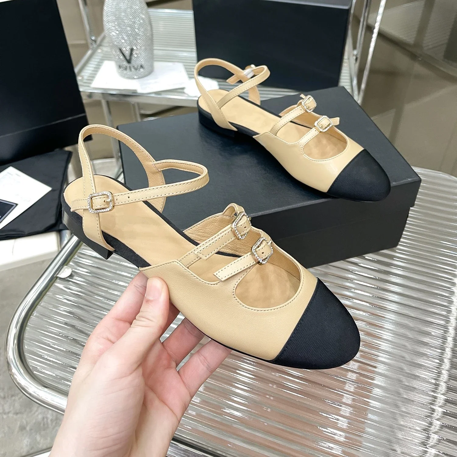 

Classic Elegant Mixed Color Slingback Sandals Women Brand Belt Strap Flat Ballet Design Shoes Genuine Leather Zapatillas Mujer