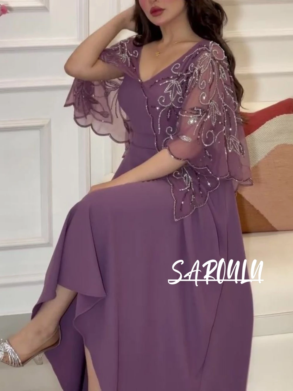

Muslim Purple Elegant Evening Dress With Cape Charming V Neck A Line Prom Gown In Stock S-2XL Caftan Cocktail Women Wear