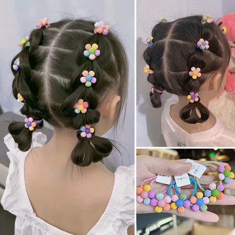 10 pieces, 5 pairs, girls' hair ties, featuring five-petal colorful flowers, cute hair ropes and hair ties, flower hair accessory set, sweet and adorable