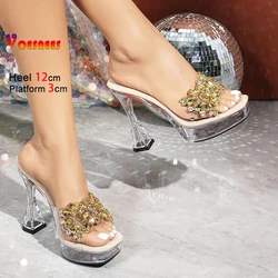 Transparent Square Toe Crystal Slippers Mules Women Luxury Diamond Sandals 5CM Platform Summer Rhinestone Shoes 12CM Clear Heels