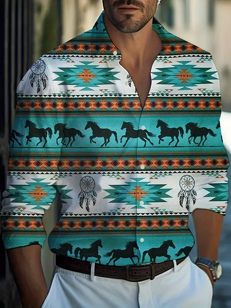 New Men's Long Sleeve Shirt Fashion Western Horse Casual Versatile Fashion 3D Flower Printed Summer Top