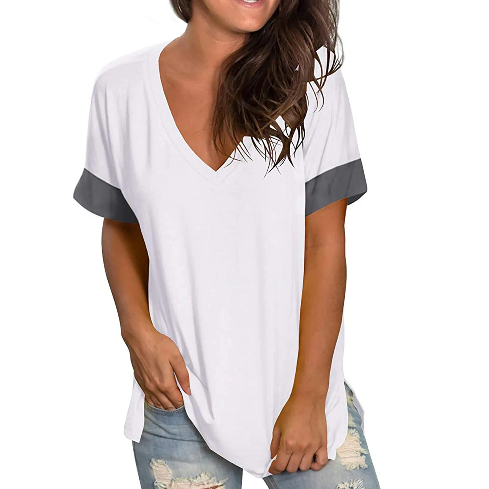 Summer Solid Color Blouse V-Neck Short Sleeve Loose Fashion Women's Casual Hundred Tops Trendy T-Shirts for Women Summer Tops