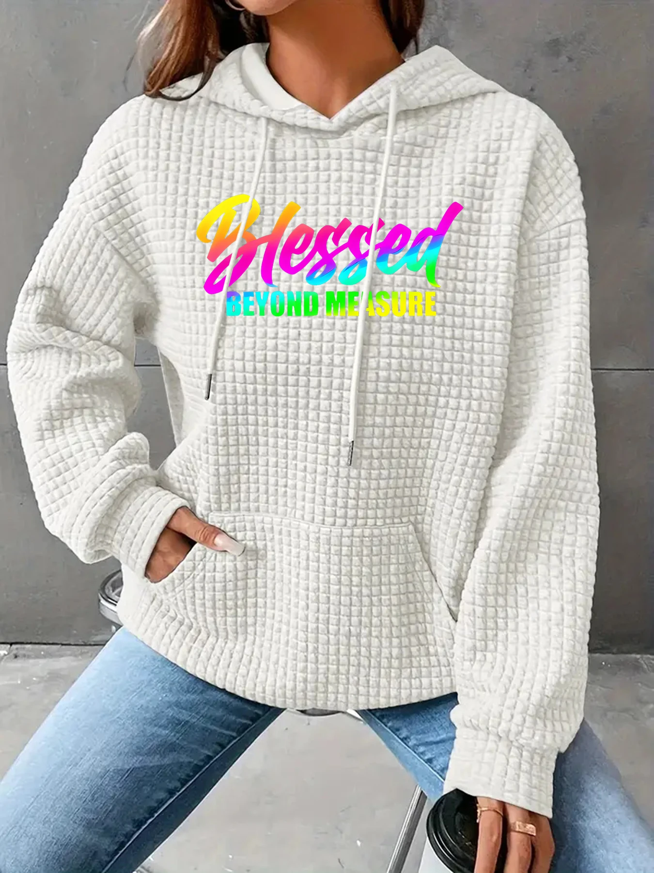 Rainbow Gradient Blessed Religious Inspirational Letter printing Waffle Knit Pullover Hooded Casual Women's Sweatshirt