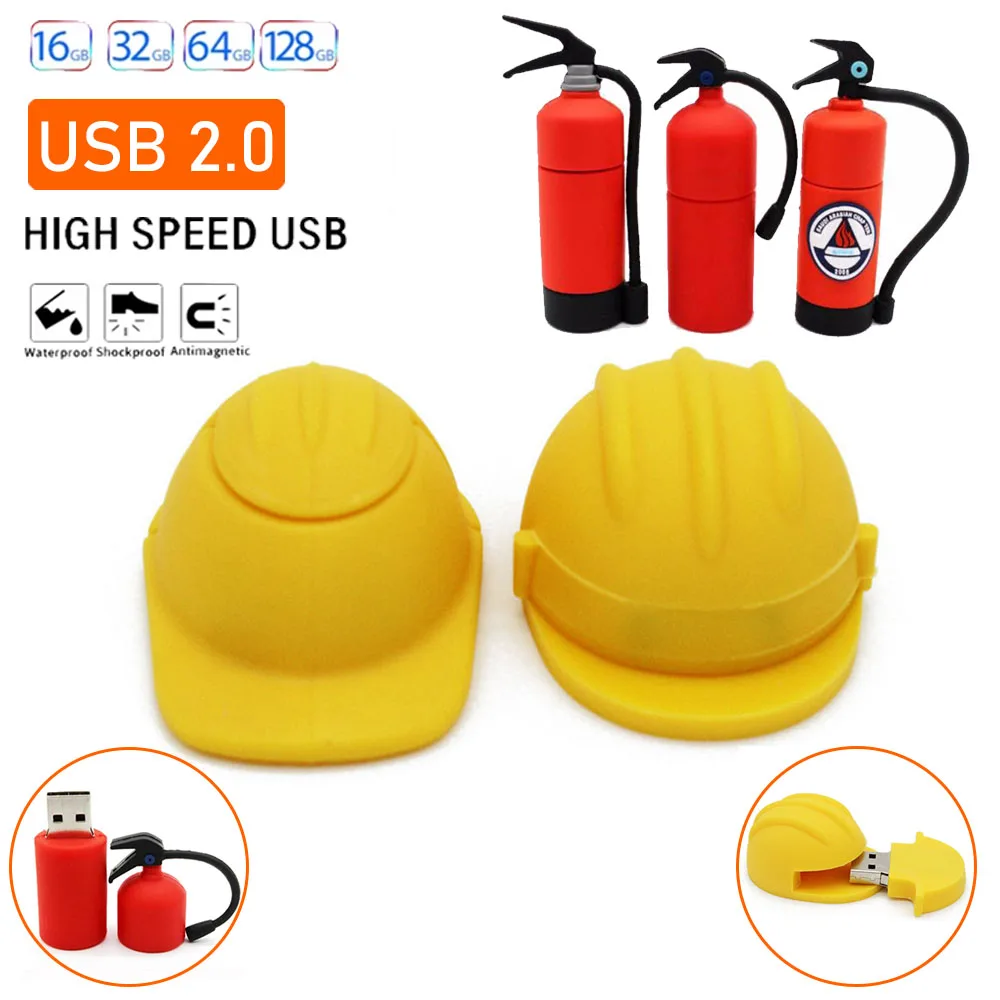 

Cartoon Helmet Extinguisher Pen Drive 64GB Memory Stick 32GB USB 2.0 Flash Drives Key Chain USB Stick 16GB Portable Pendrive