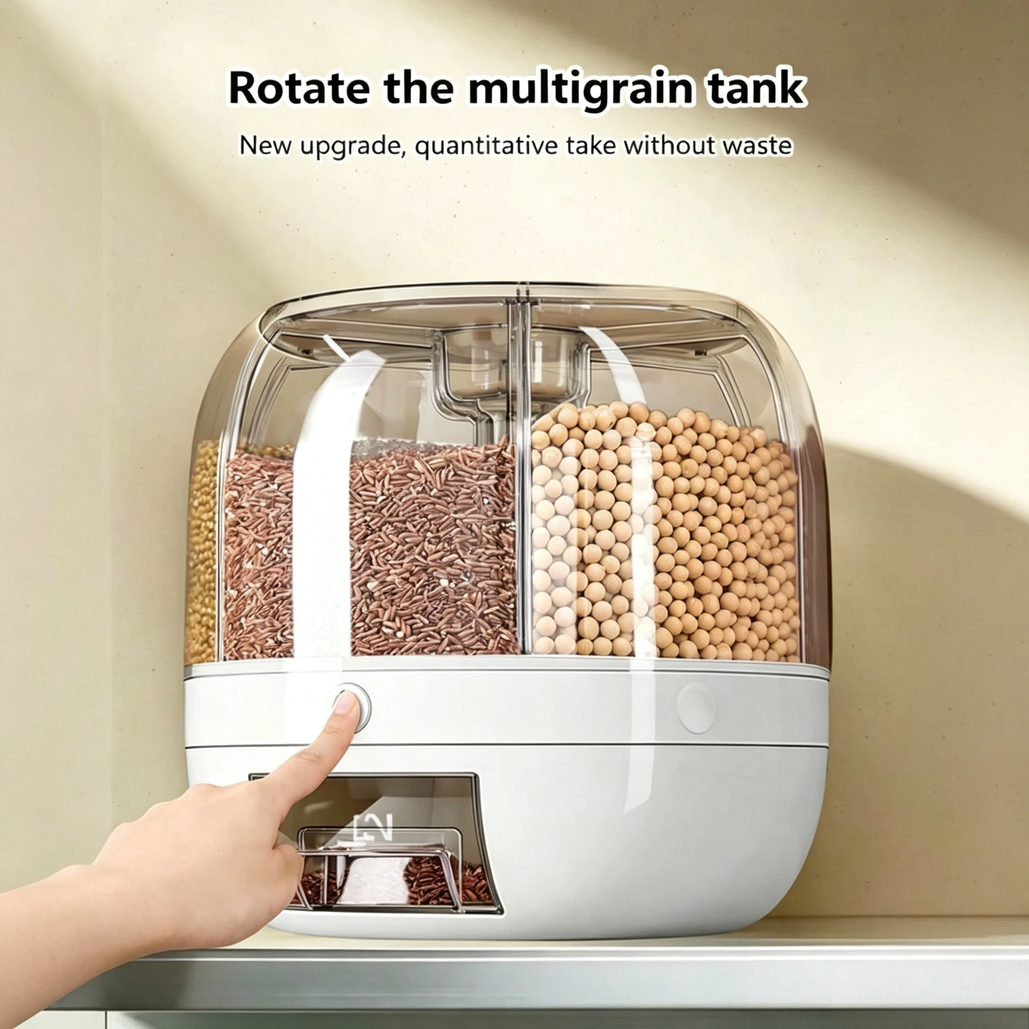 6 Grid Rotating Rice Dispenser, 360° Grain Storage Container with One-Click Output, Large Capacity Airtight Food Organizer for Rice, Grains, Pet Food, Kitchen Counter