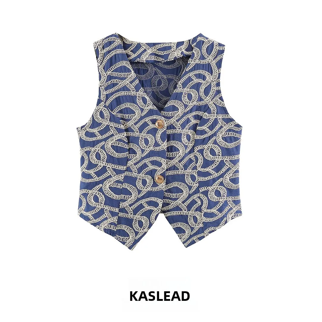 KASLEAD New Women's Fashion High-End Embroidered Slim Fit Vest Heavy Embroidery V-neck Cardigan Polyester Fiber Geometric Pat...